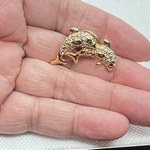 Gold Tone Dolphin Pair Clear Rhinestone Lapel Pin Green Red Rhinestone Eyes - Picture 6 of 7
